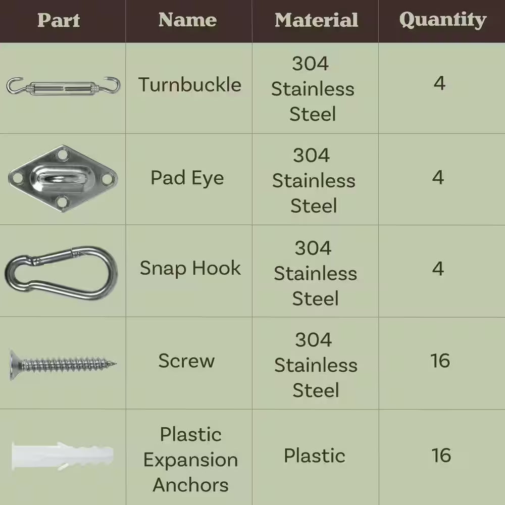 Awning Attachment Set Heavy Duty Sun Shade Sail Stainless Steel Hardware Kit - 44-Piece