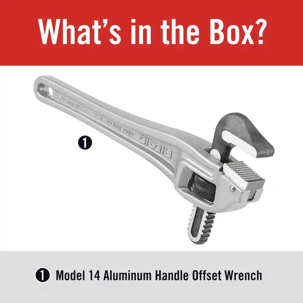 14 In. Aluminum Offset Pipe Wrench with Narrow Hook Jaw Parallel to Handle for Tight Spaces & Overhead Applications