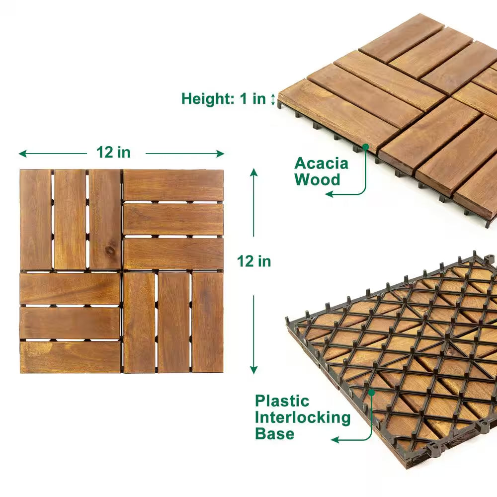 12 In. X 12 In. Acacia Wood Interlocking Flooring Deck Tile Checker Pattern Brown 12-Slats,10-Pieces Covering 10 Sq. Ft.
