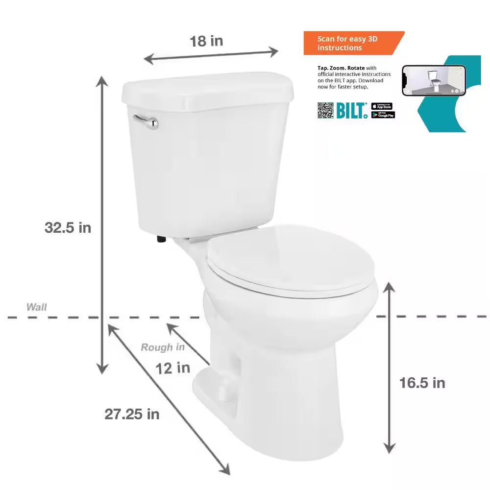 12 Inch Rough in Two-Piece 1.28 GPF Single Flush round Toilet in White Seat Included