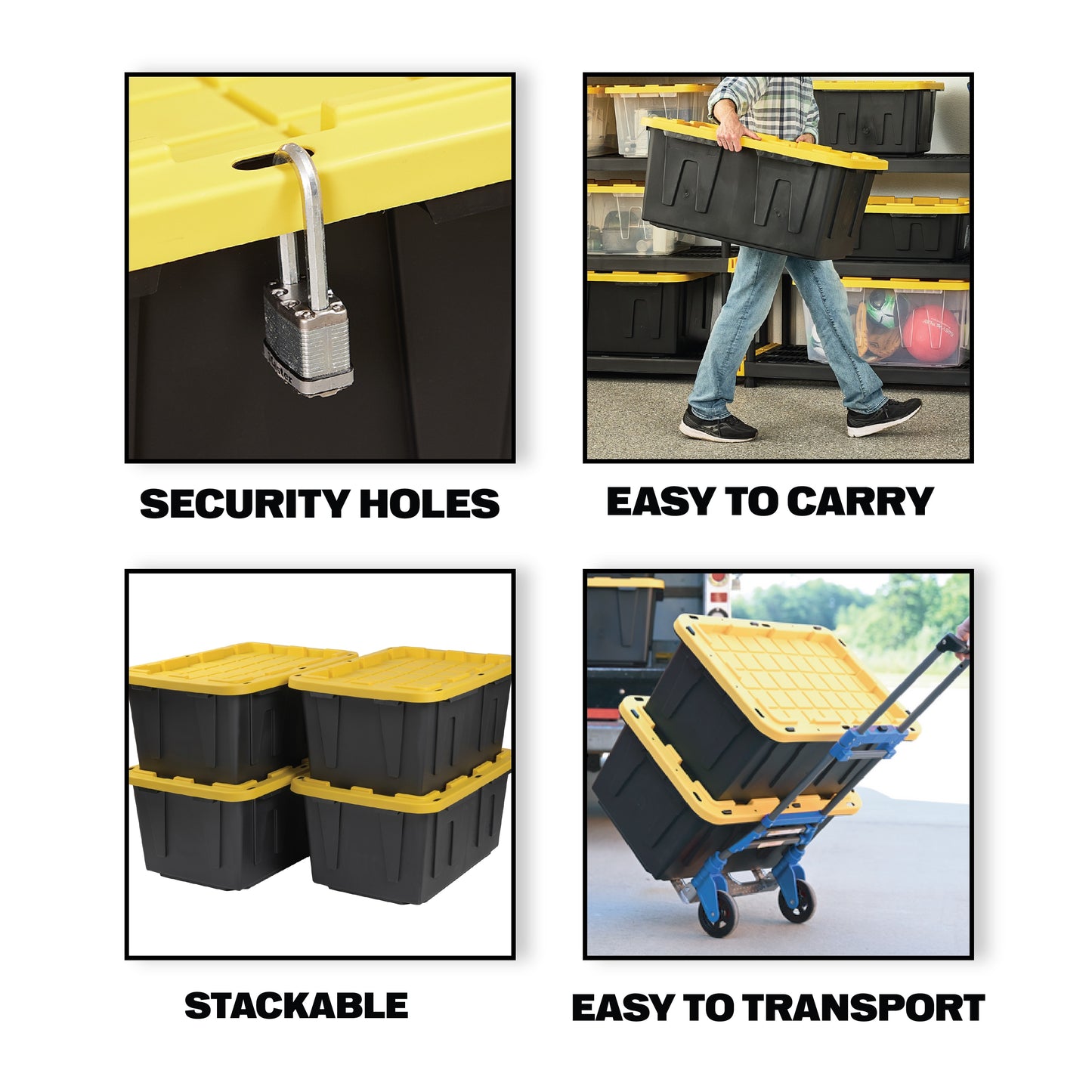 Commander X-Large 40 -Gallons ( 160 -Quarts ) Black and Yellow Heavy Duty Stackable Tote with Standard Snap Lid
