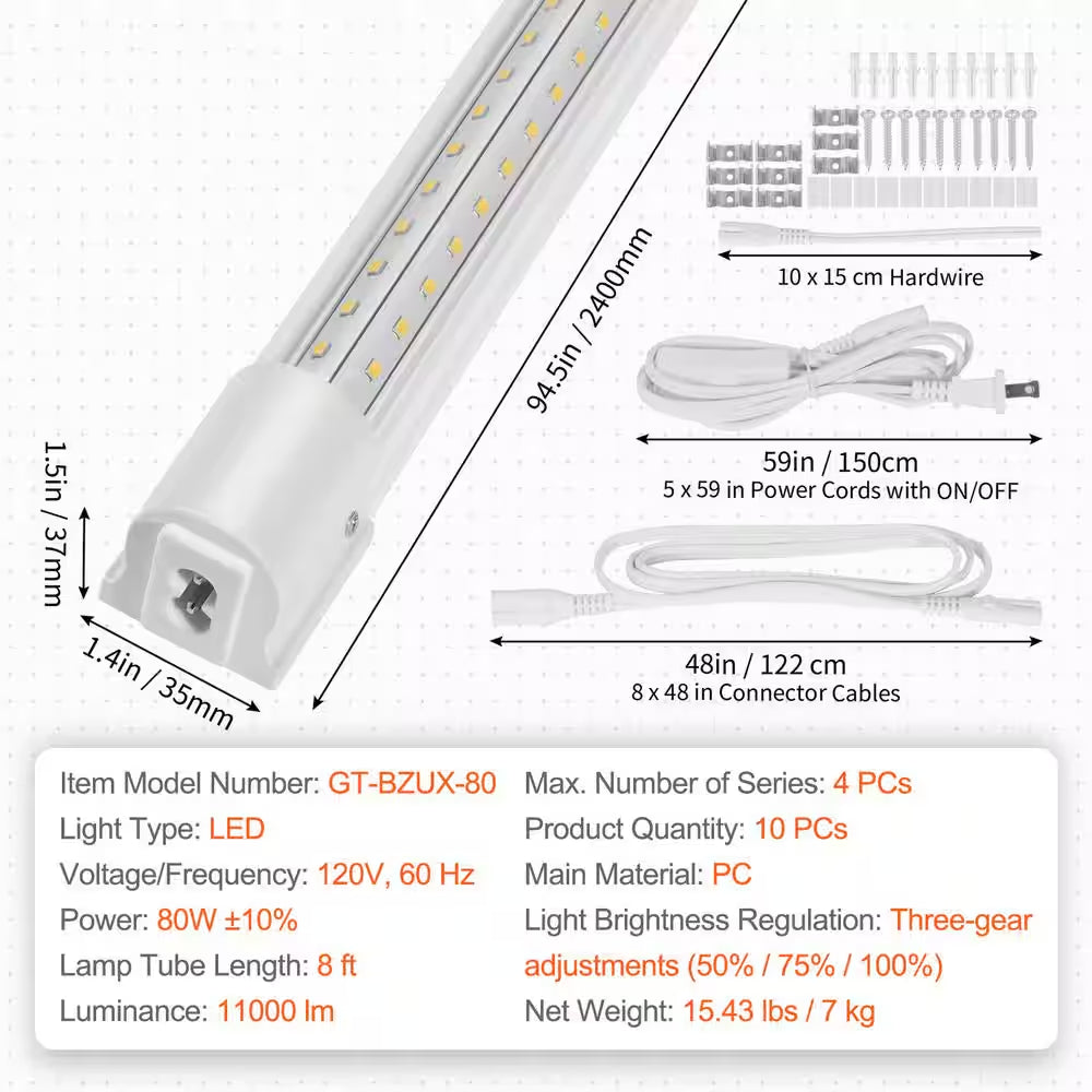 10 Pack 8 Ft. 80-Watt LED Shop Light 10000 LM with 59 In. Cords, ON/OFF Switch, 48 In. Cables for Garage Workshop Office