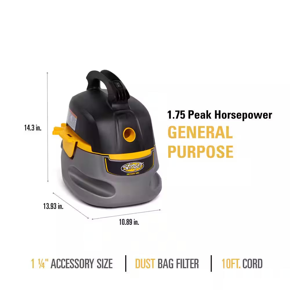 2.5 Gal. 1.75 Peak HP Small Shop Vacuum Wet Dry Vac with Filter Bag, Hose, Utility and Car Nozzle Attachments HD2025