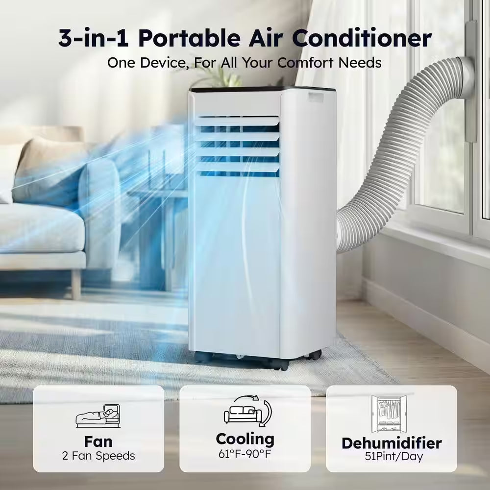 8000 BTU Portable Air Conditioner 350 Sq. Ft. with Dehumidifier with Remote in White, Timer, 3-Modes