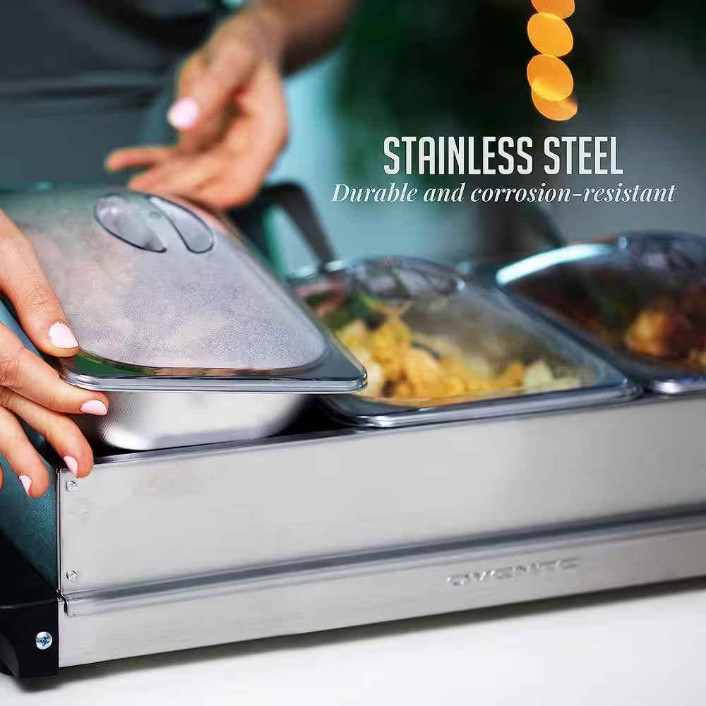 Electric Buffet Server and Food Warmer with 3 1.5 Qt. Pan and Stainless Steel Warming Tray
