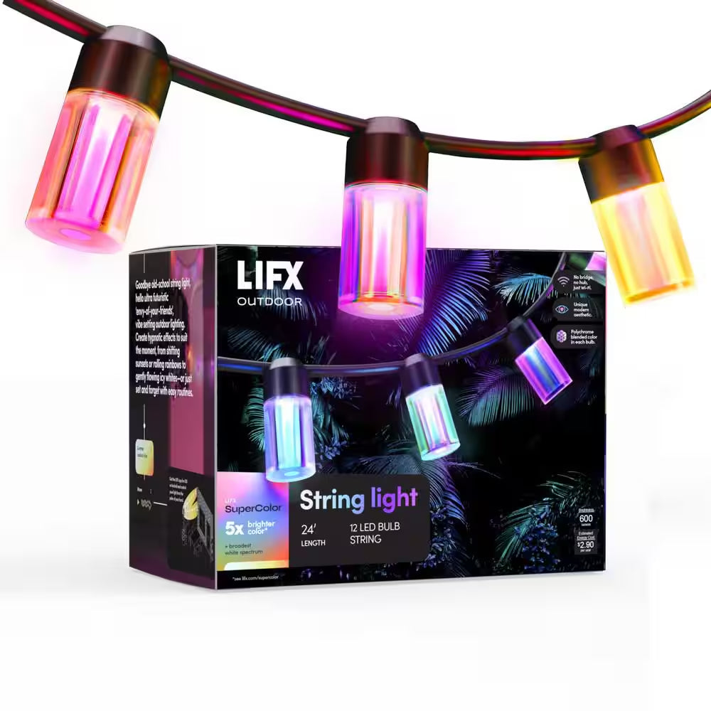 12-Light 24 Ft. Outdoor Plug-In RGB Integrated LED Smart Wi-Fi String Light, Works with Alexa/Hey Google/Homekit/Siri
