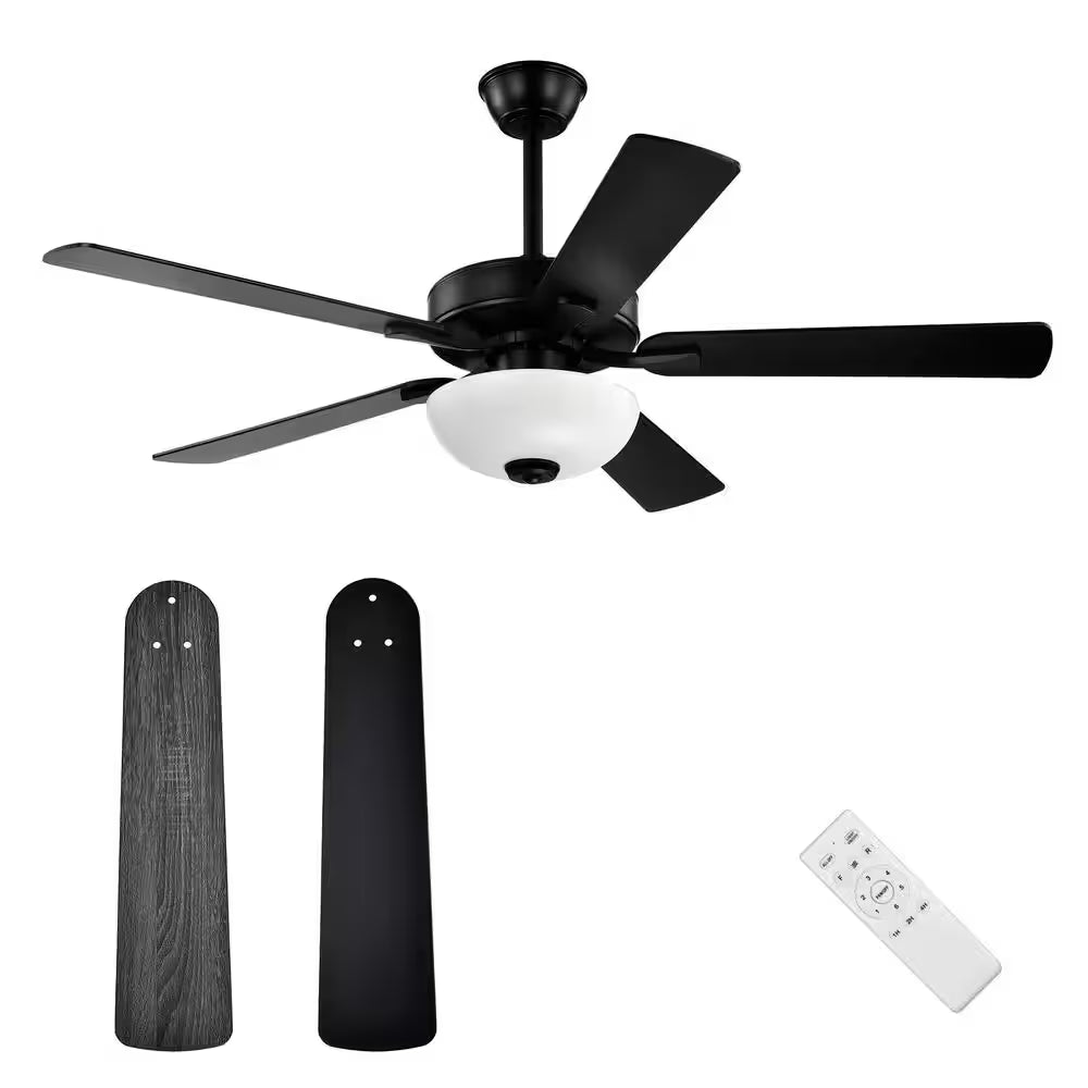 52 In. Matte Black 5-Blade Integrated LED 6-Speed Indoor Ceiling Fan with Light Kit and Remote Control