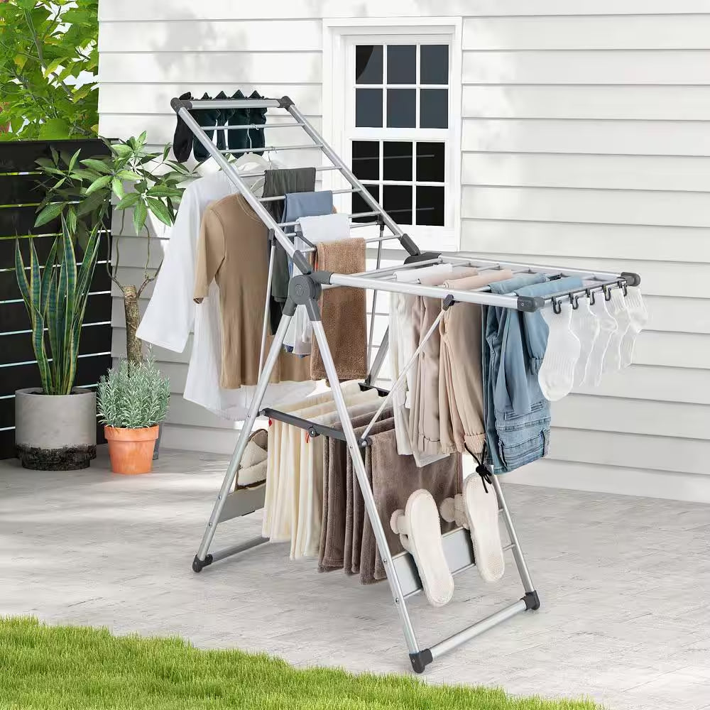 2-Layer Space-Saving Gray Metal Free Standing Drying Rack Collapsible Clothes Drying Rack