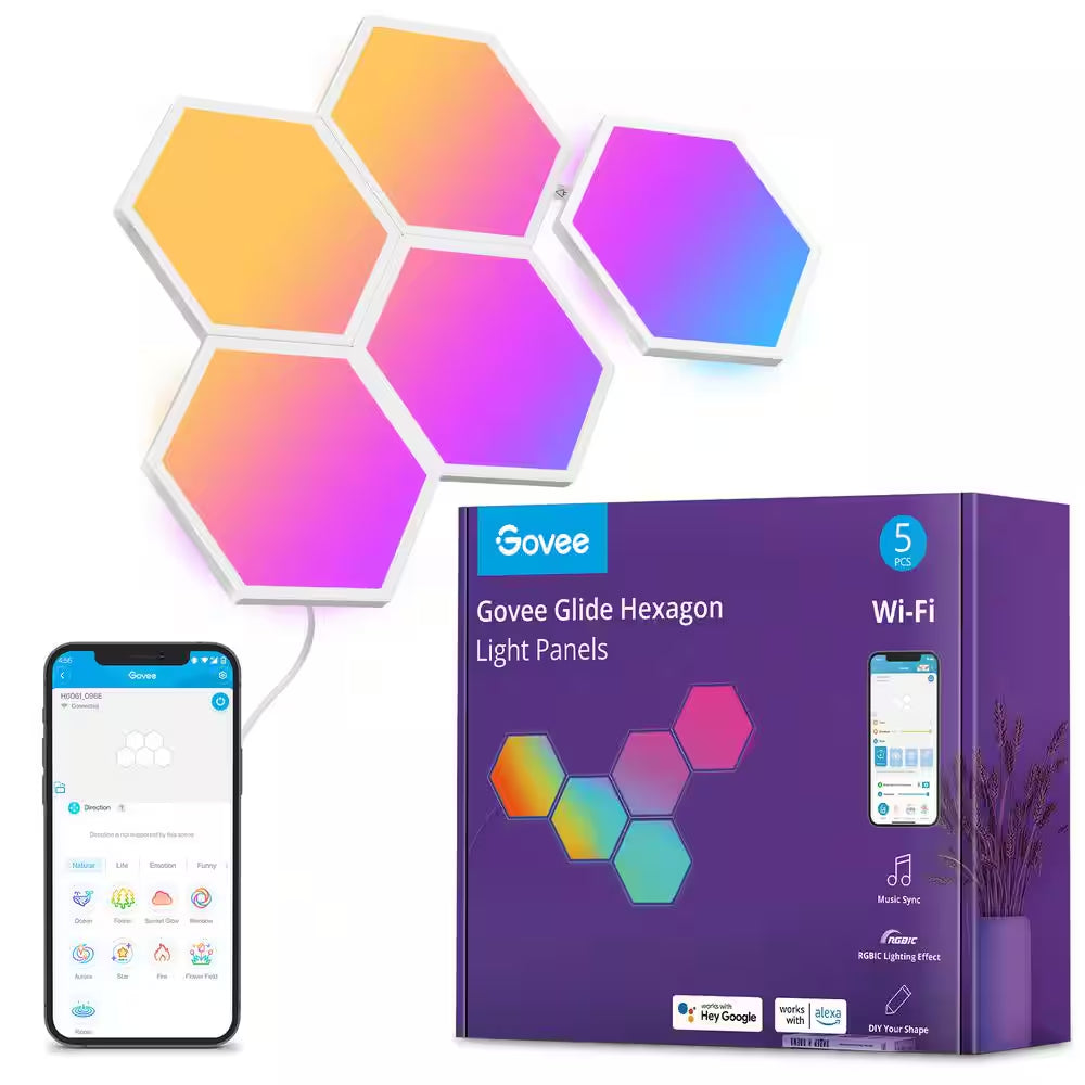 Glide Hexagon Smart Color Changing Plug-In Wi-Fi Enabled Integrated LED Light Panels (5-Piece)