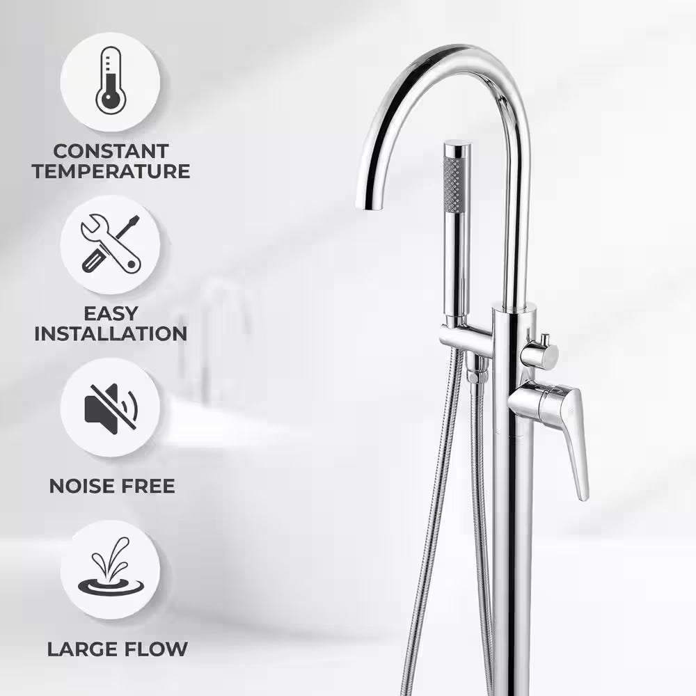 1-Handle Freestanding Floor Mount Roman Tub Faucet Bathtub Filler with Hand Shower in Chrome