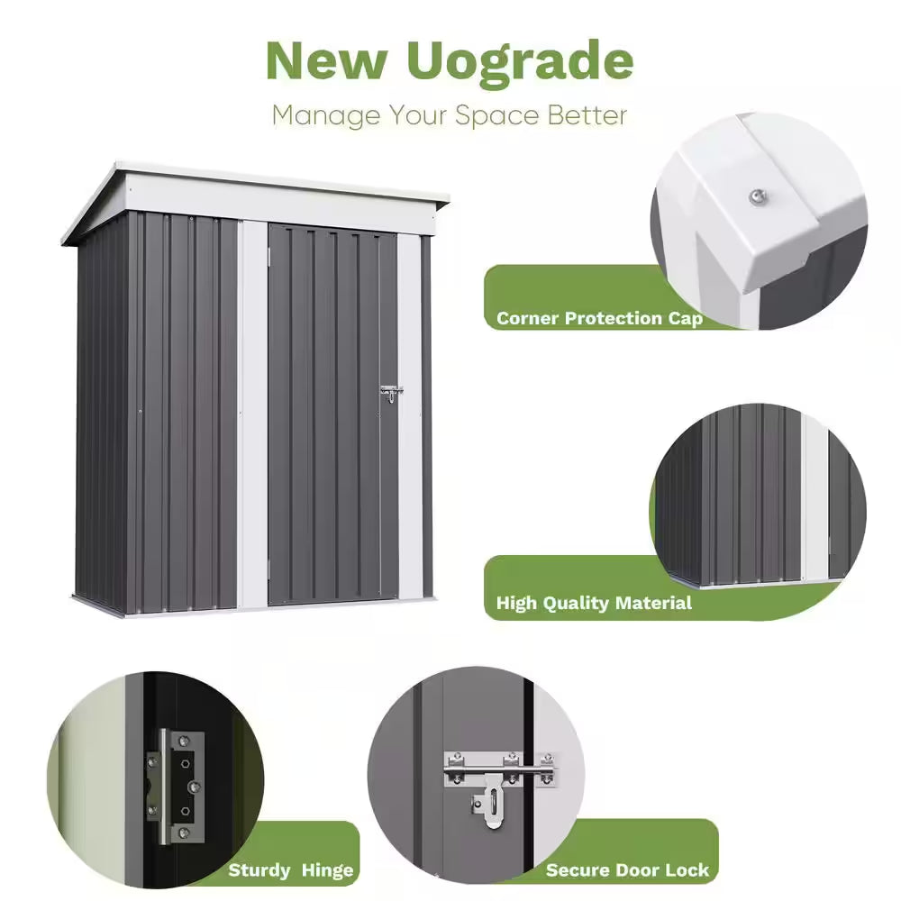 5 Ft. W X 3 Ft. D Outdoor Storage Gray Metal Shed with Sloping Roof and Lockable Door (16 Sq. Ft.)