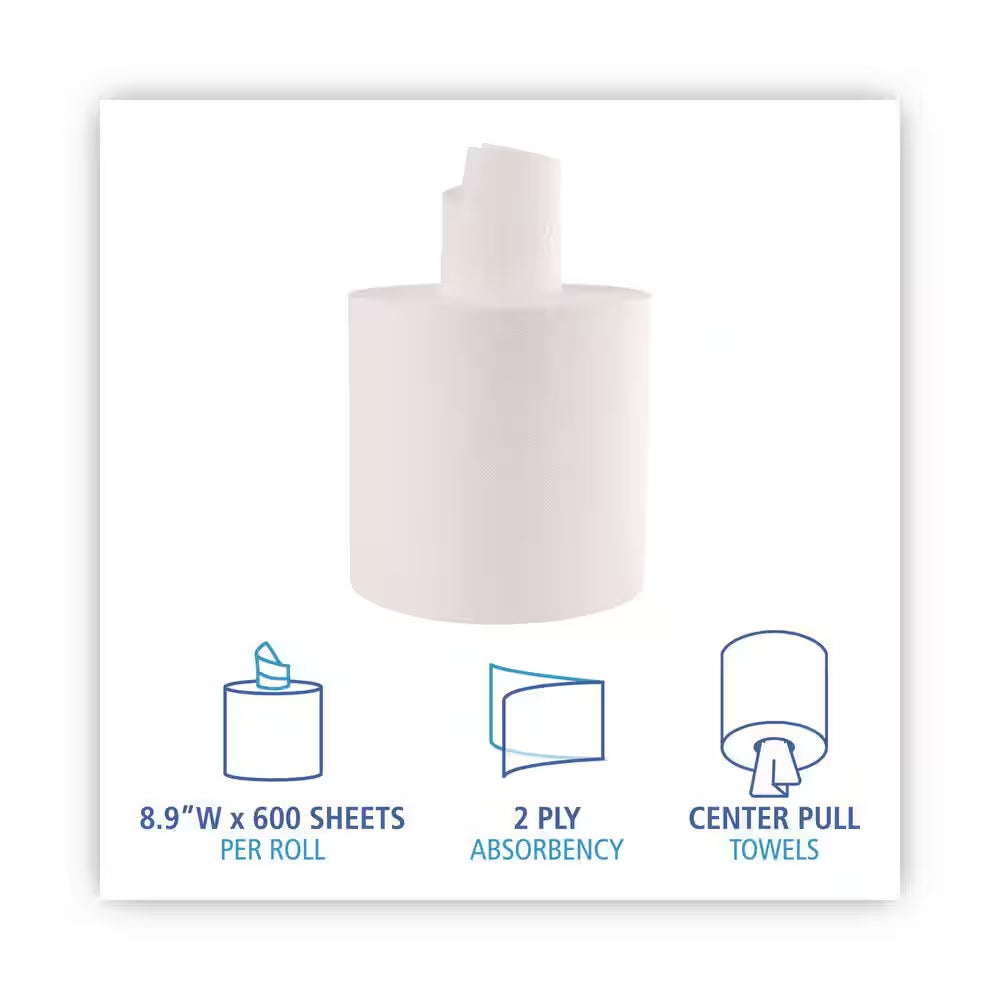 Center-Pull Roll Towels 2-Ply, White, 8.9 In. W (600 Sheets per Roll, 6 Rolls per Carton)