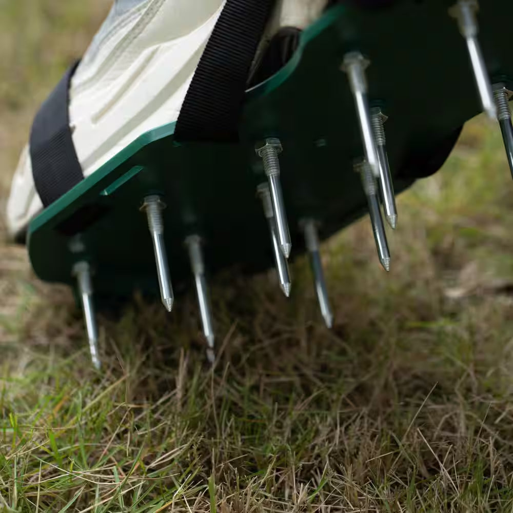 Lawn and Garden Aerator Spike Shoe with 3 Metal Buckle Straps, Green Spiked Sandal
