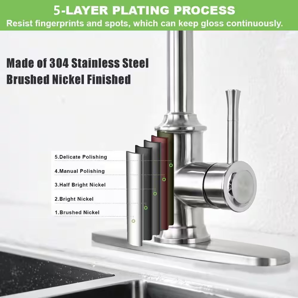 Spring Single-Handle Pull-Down Sprayer Kitchen Faucet with 3 Spray Mode in Stainless Steel Brushed Nickel