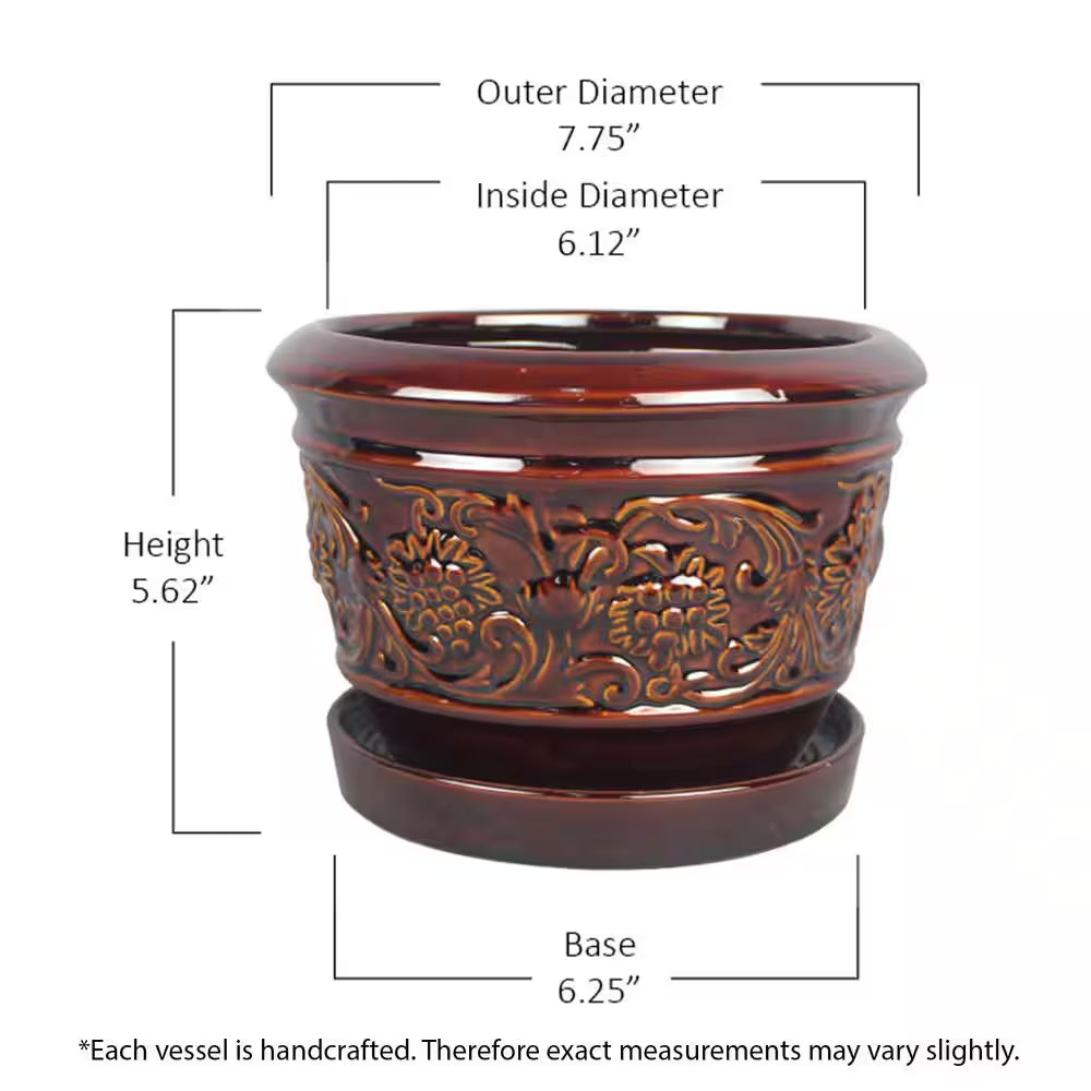 8 In. Dia Brown Rustic Damask Ceramic Planter