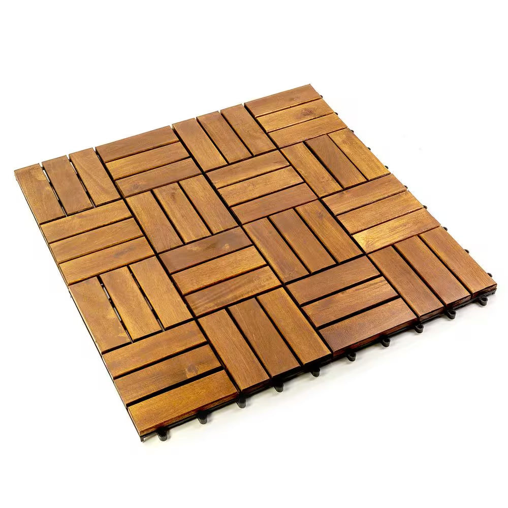 12 In. X 12 In. Acacia Wood Interlocking Flooring Deck Tile Checker Pattern Brown 12-Slats,10-Pieces Covering 10 Sq. Ft.
