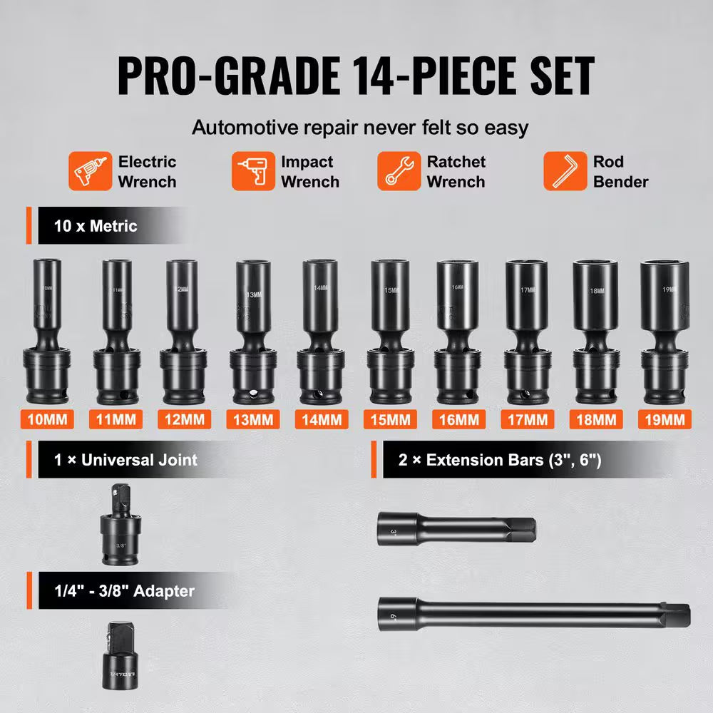 360° Swivel Impact Socket Set, 3/8 In. Socket Set 14-Pieces Deep Universal Metric 10-19Mm, 6 Point Cr-Mo Alloy Steel