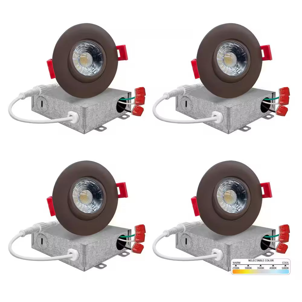 3 In. Canless Bronze round Gimbal Integrated LED Recessed Light Kit 5 CCT 2700K - 5000K New Construction (4-Pack)