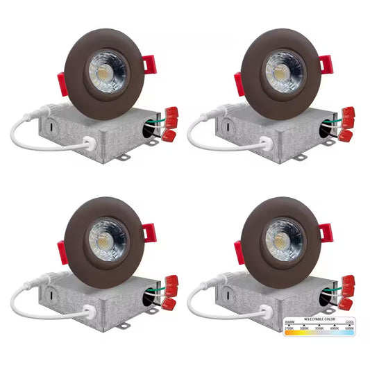 3 In. Canless Bronze round Gimbal Integrated LED Recessed Light Kit 5 CCT 2700K - 5000K New Construction (4-Pack)