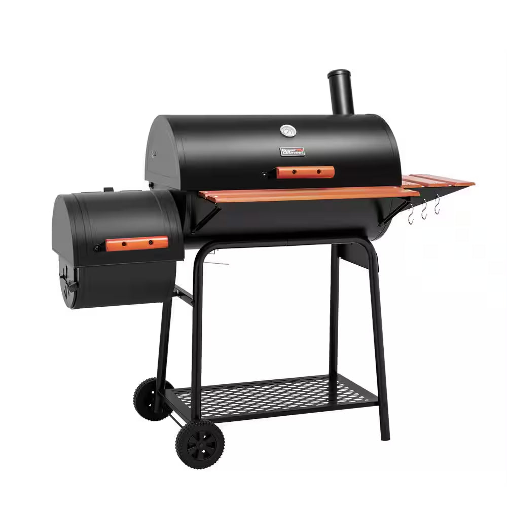 Barrel Charcoal Grill in Black with Offset Smoker, 811 Sq. In. Cooking Space, Wood-Painted Side Table
