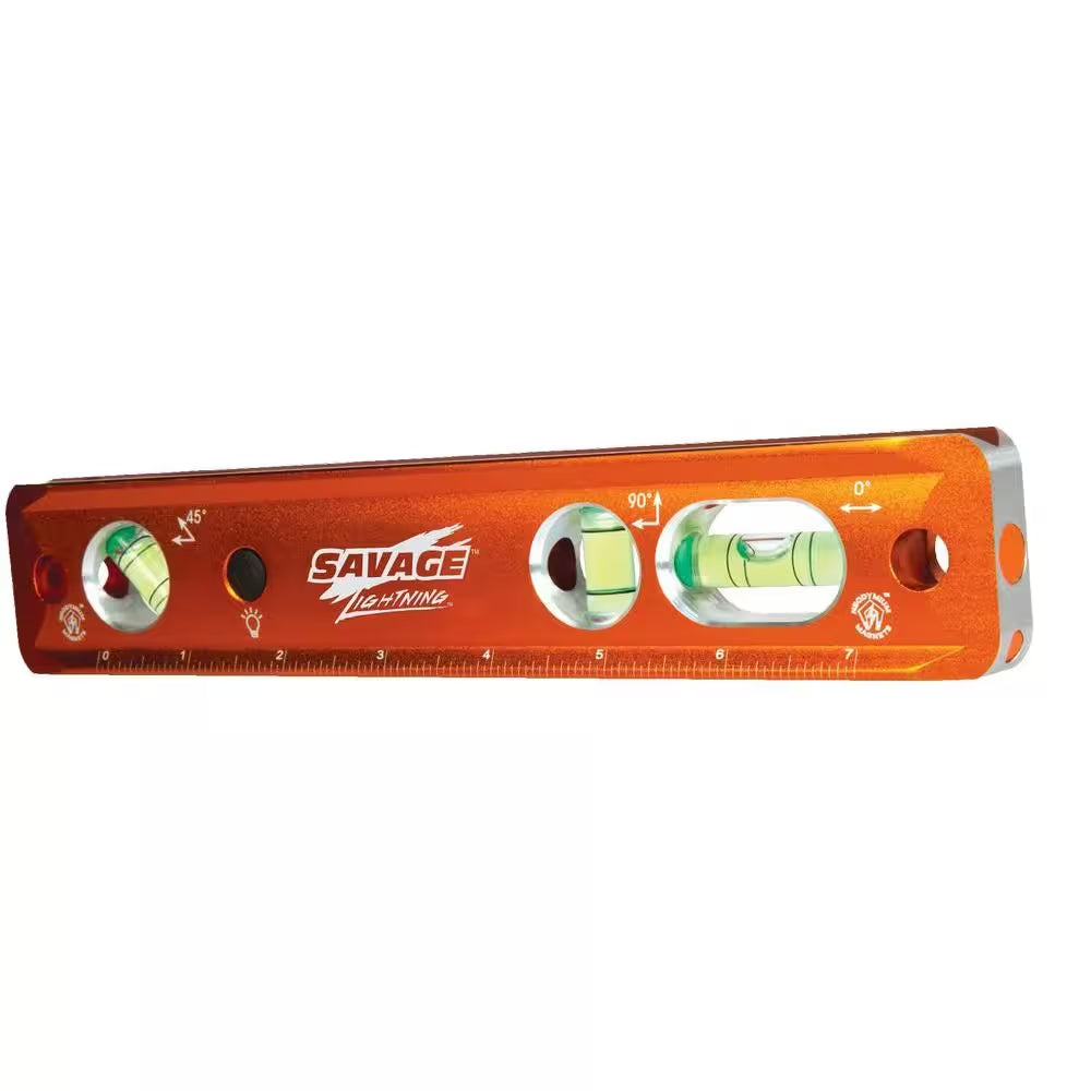 9 In. Aluminum Lighted Magnetic Torpedo Level with 3 Bubble Vials, Etched Ruler and Straight Edge