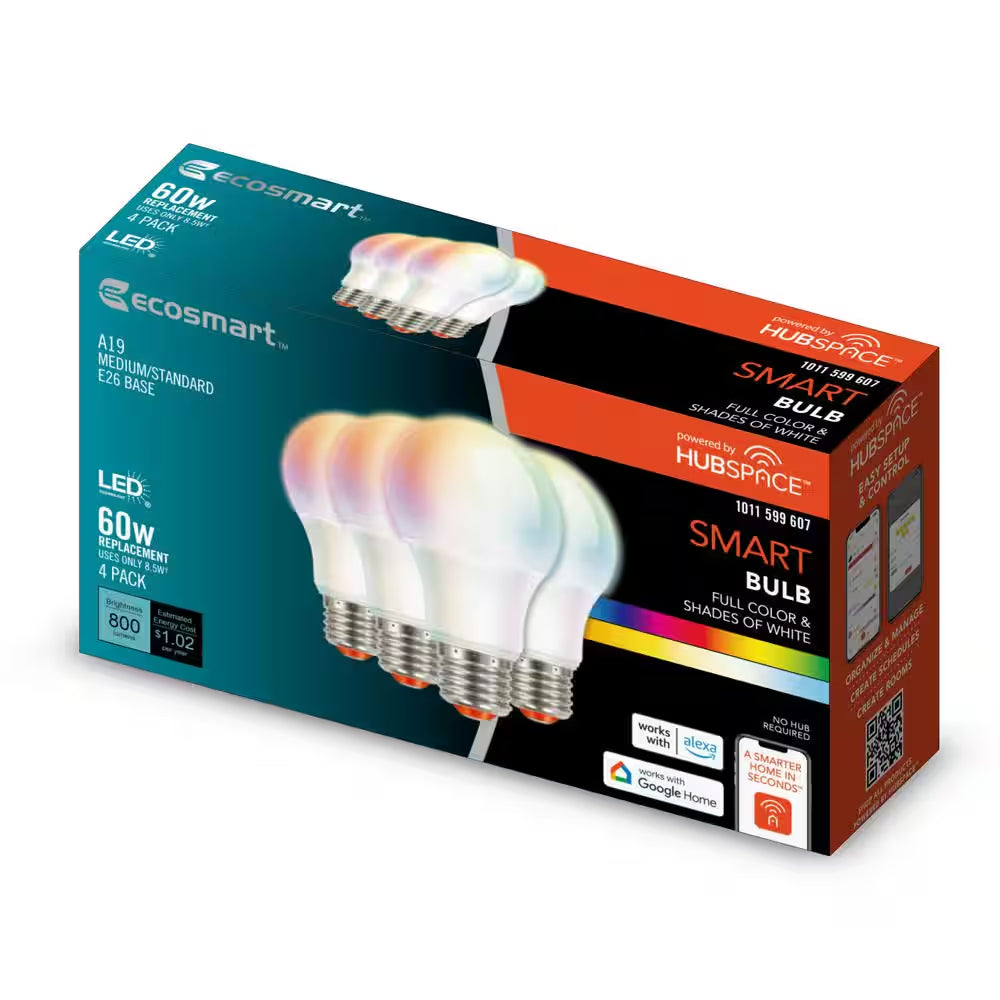 60-Watt Equivalent Smart A19 Color Changing CEC LED Light Bulb with Voice Control (4-Bulb) Powered by Hubspace