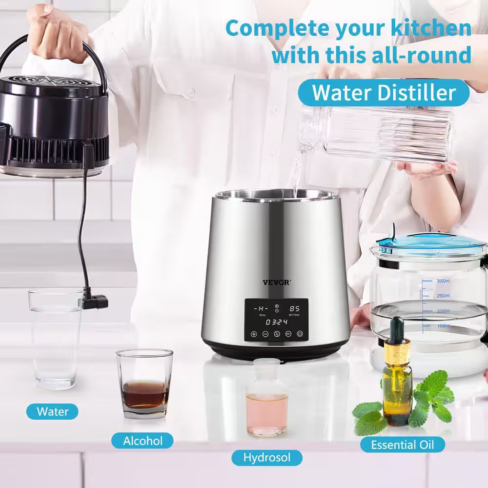 1.1Gal. Water Distiller 750W Distilled Water Maker Machine Timing Dual Temp Display Stainless Steel Countertop Distiller