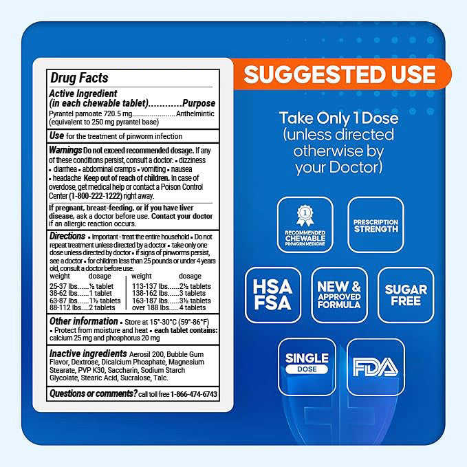 PIN RID Pyrantel Pamoate 250mg Pinworm Treatment 24 Chewable Tablets