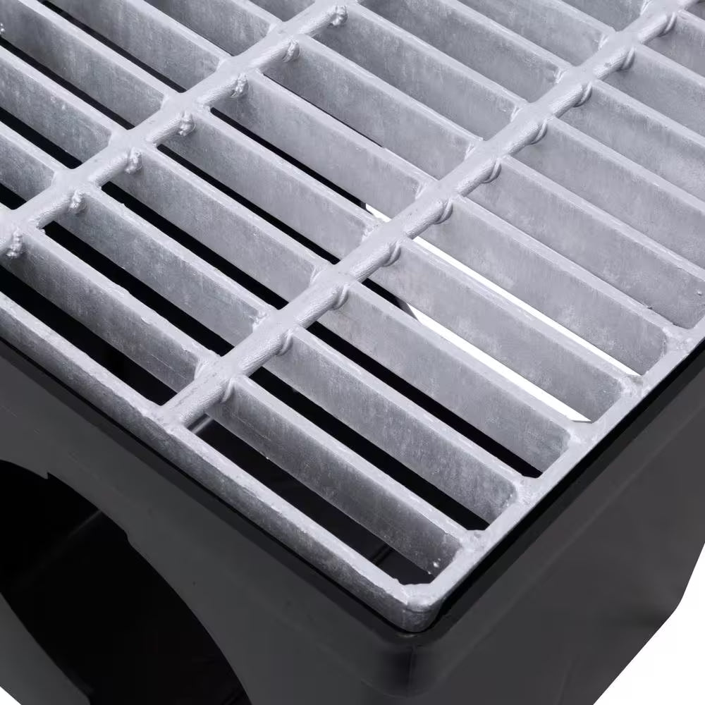 12 In. Plastic Square Drainage Catch Basin, 2 Opening Kit with Metal Grate