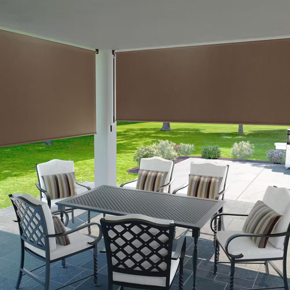 Walnut Cordless UV Blocking Fade Resistant Fabric Exterior Roller Shade 96 In. W X 96 In. L