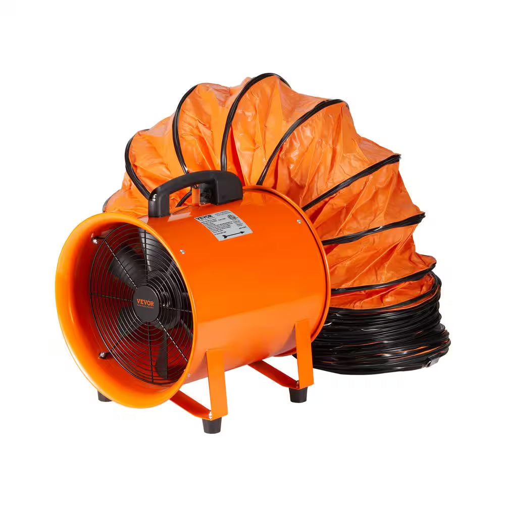 Portable Ventilator 12 In. Heavy Duty Blower Fan with 33 Ft. Duct Hose 560W Industrial Utility Blower 2894CFM, Orange