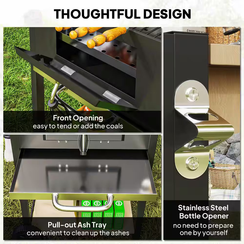 Charcoal Grill in Black with Adjustable Charcoal Pan, 3 Shelves, Thermometer, Wheels for Patio Backyard Party Picnic