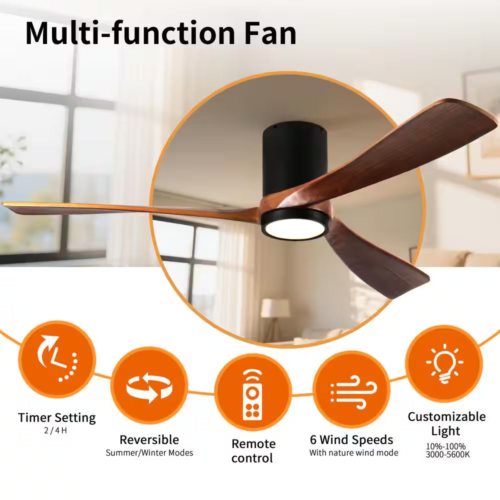 60 In. Indoor/Outdoor Black Modern Flush Mount LED Ceiling Fan with 3-Colors Dimmable and Remote APP Control