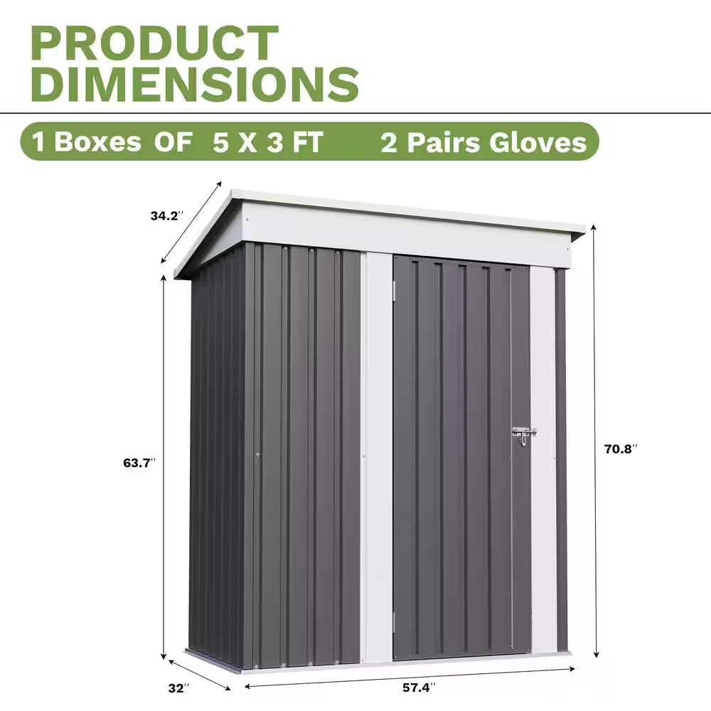 5 Ft. W X 3 Ft. D Outdoor Storage Gray Metal Shed with Sloping Roof and Lockable Door (16 Sq. Ft.)