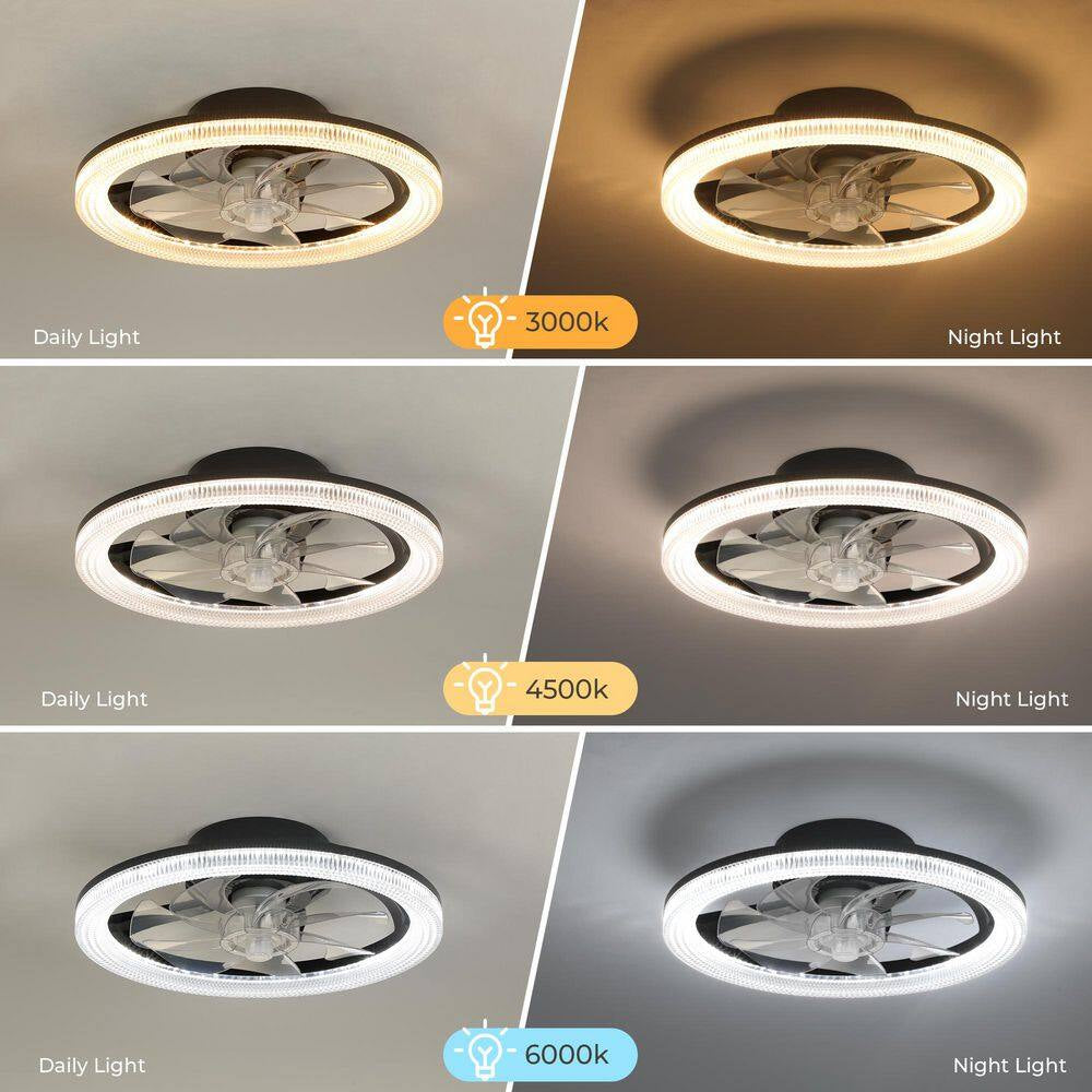 16 In. Smart Modern Indoor Black Low Profile Color Changing Standard Flush Mount Ceiling Fan Light with LED for Bedroom