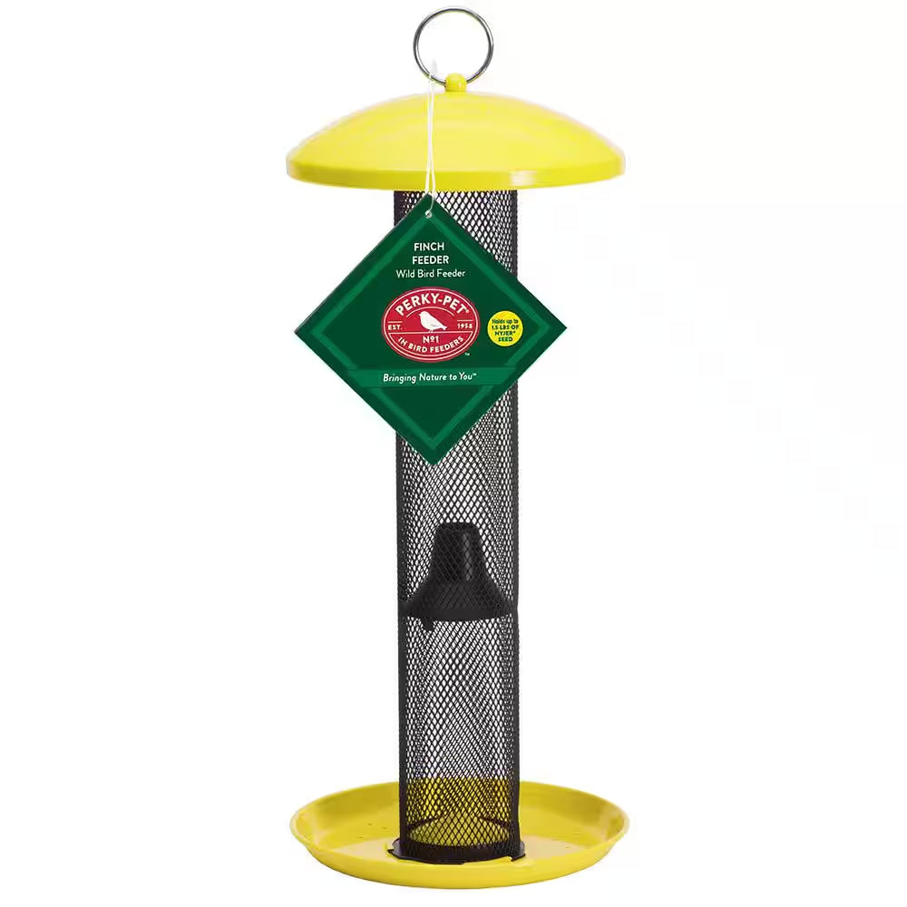 Straight Sided Yellow Metal Hanging Seed Feeder for Finch Bird-1.5 Lb. Capacity