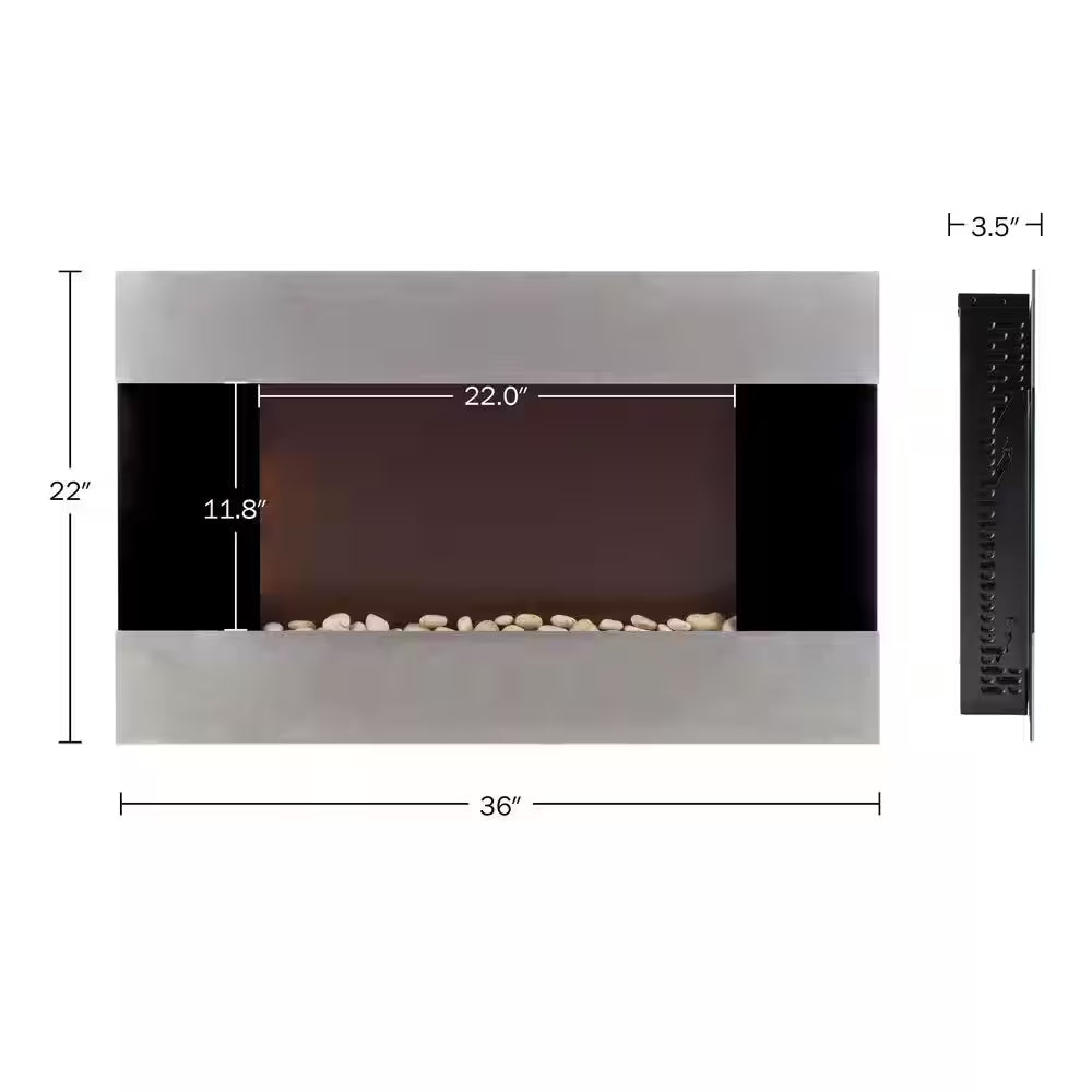 36 In. Stainless Steel Electric Fireplace with Wall Mount and Remote in Silver