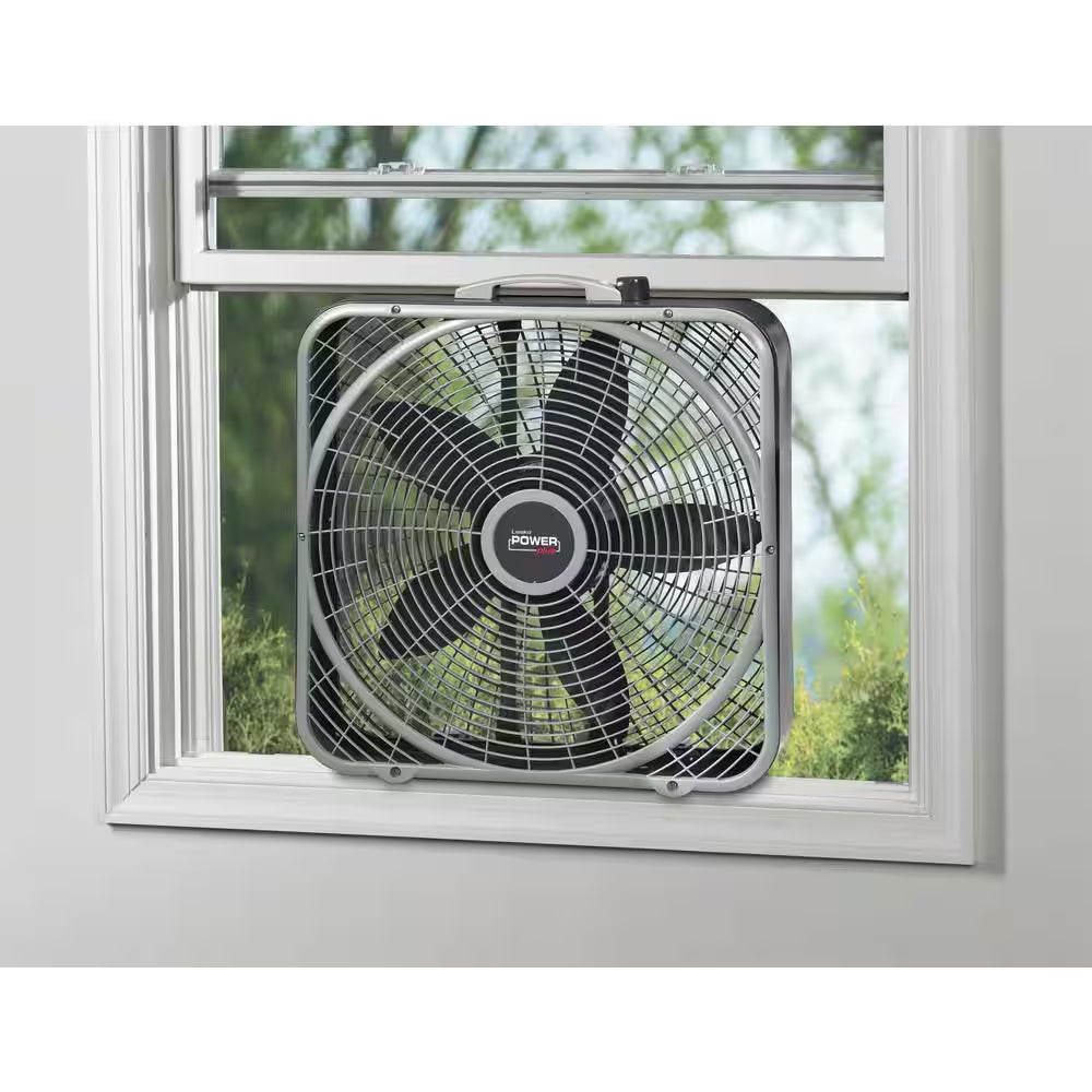 Power plus 20 In. 3 Speed Box Fan for Home in Gray with Weather Shield Design for Window Use, 2000 CFM, Carry Handle