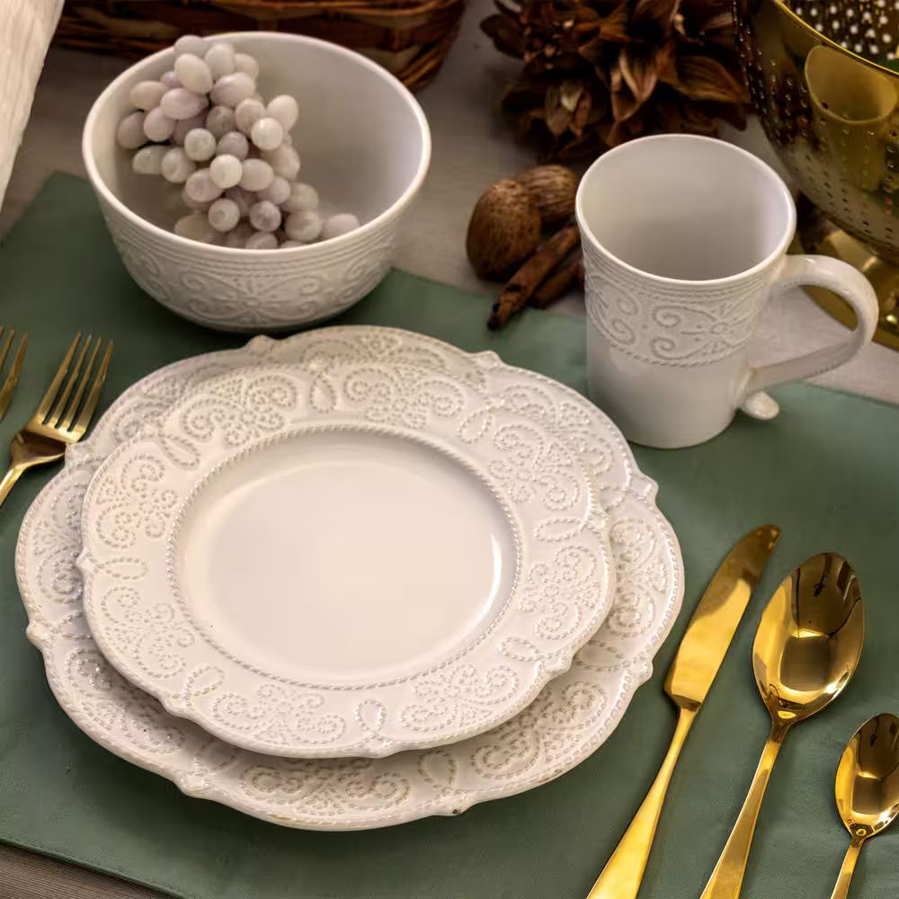 16-Piece Luna Embossed Scalloped White Stoneware Dinnerware Set (Service for 4)