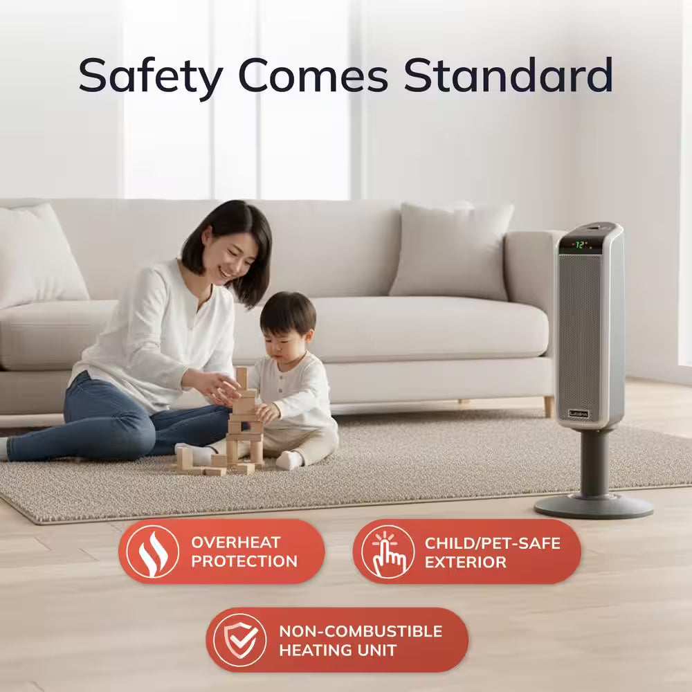 1500W 29 In. Gray Electric Pedestal Ceramic Oscillating Space Heater with Digital Display and Remote Control