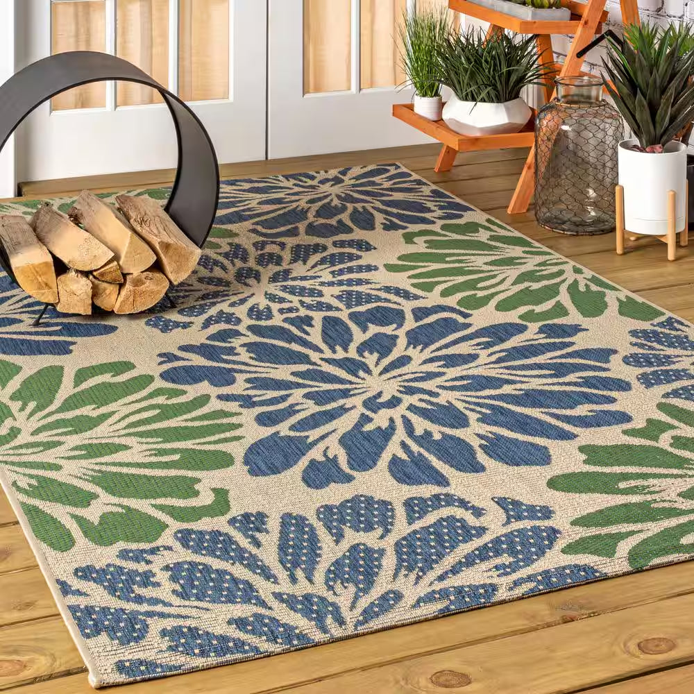 Zinnia Navy/Green 8 Ft. X 10 Ft. Floral Indoor/Outdoor Area Rug