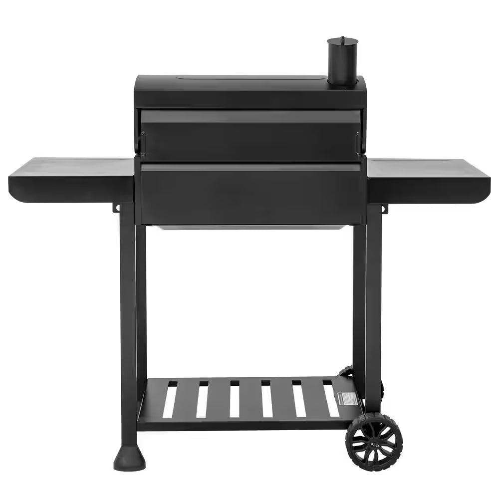 24 In. Movable Charcoal Grill in Black, 2 Foldable Side Shelves, 2-Level Height-Adjustable Charcoal Pan