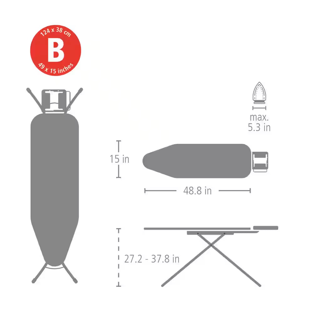 Ironing Board B 49 X 15 in with Steam Iron Rest, Ice Water Cover and White Frame