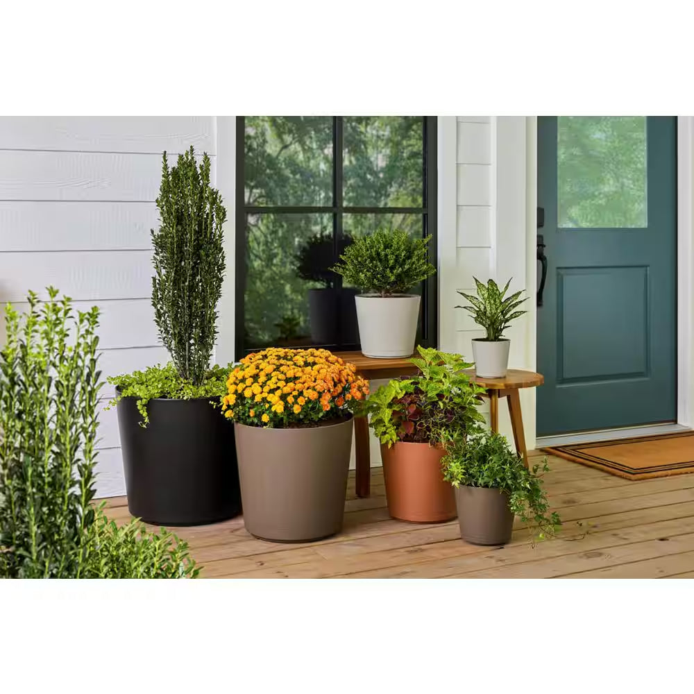 Kyra Large Black Plastic round Planter with Attached Saucer (20 In. L X 20 In. W X 17.32 In. H)