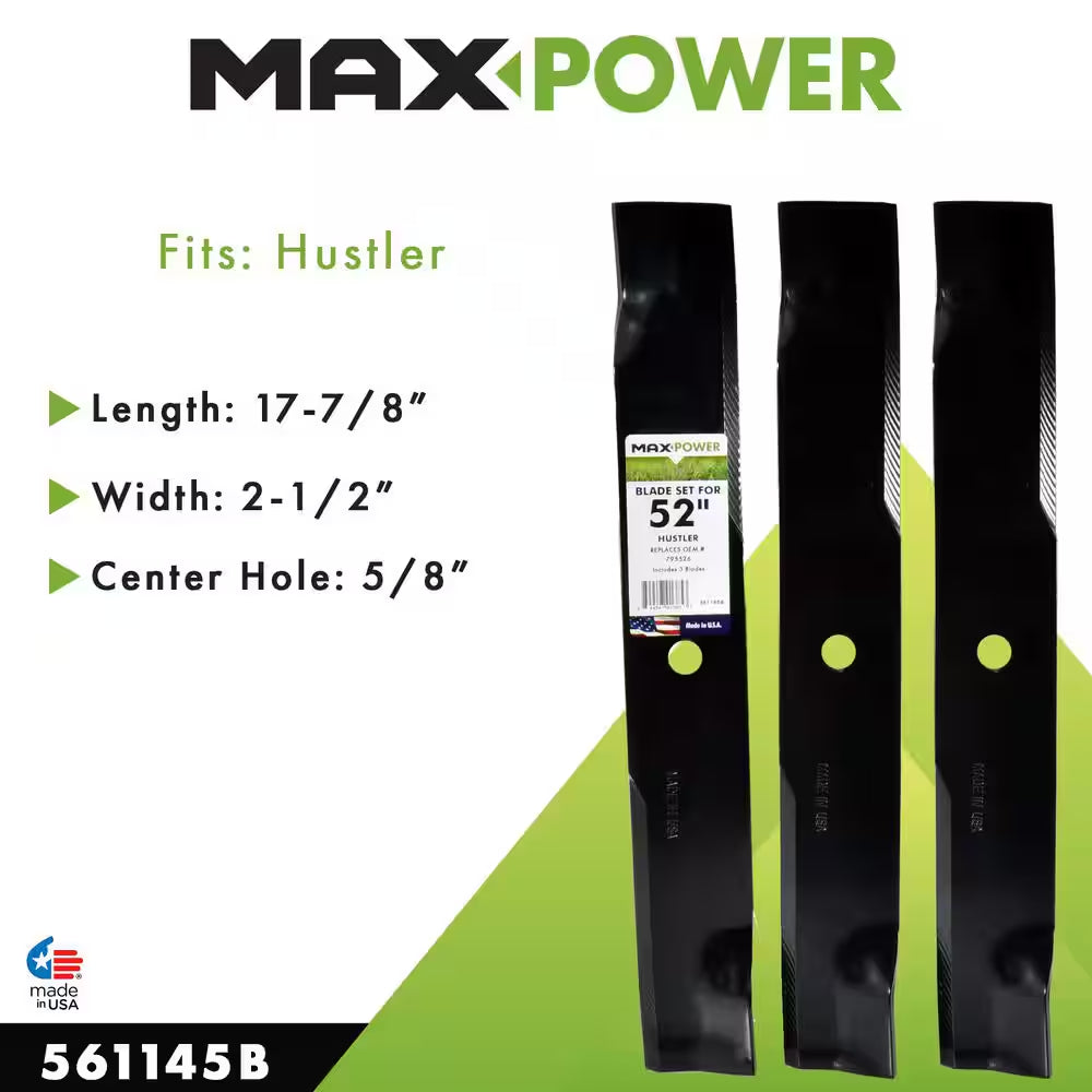 3 Blade Set for Many 52 In. Cut Hustler Mowers Replaces OEM #'S 795526, 603995, 783753 and Dixie Chopper 30227-52X