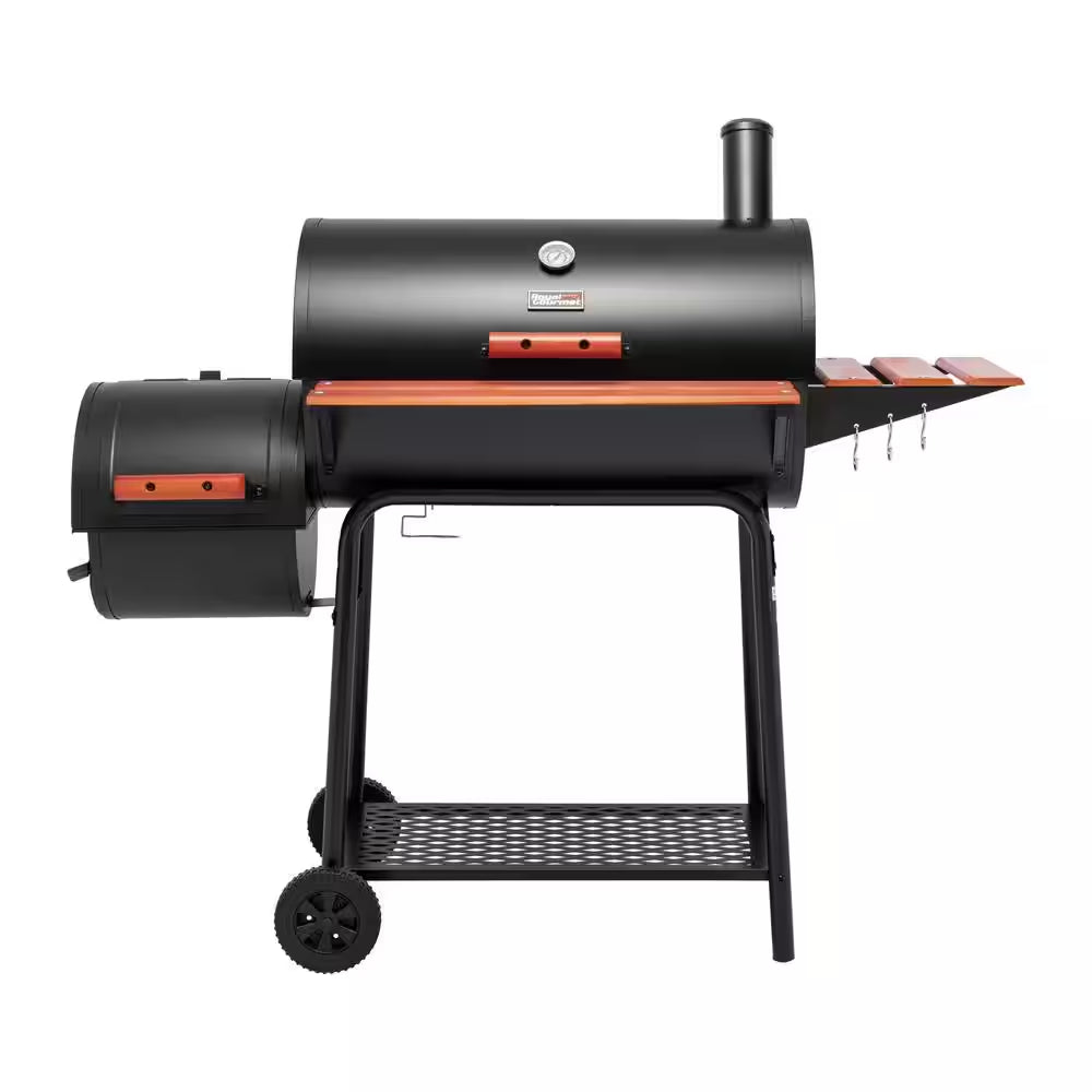 Barrel Charcoal Grill in Black with Offset Smoker, 811 Sq. In. Cooking Space, Wood-Painted Side Table