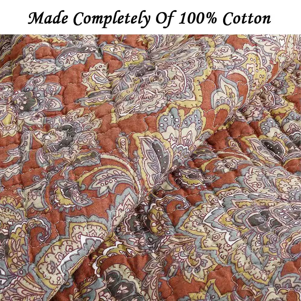 Vintage Rustic Bronze Country Paisley Fall Floral 3-Piece Copper Gray Red Orange Beige Cotton King Quilt Bedding Set