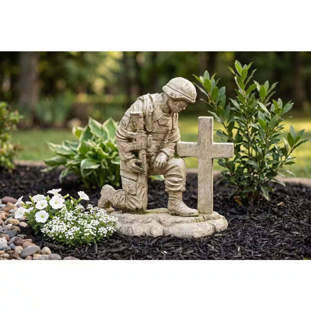 Kneeling Soldier at Cross Concrete Garden Statue