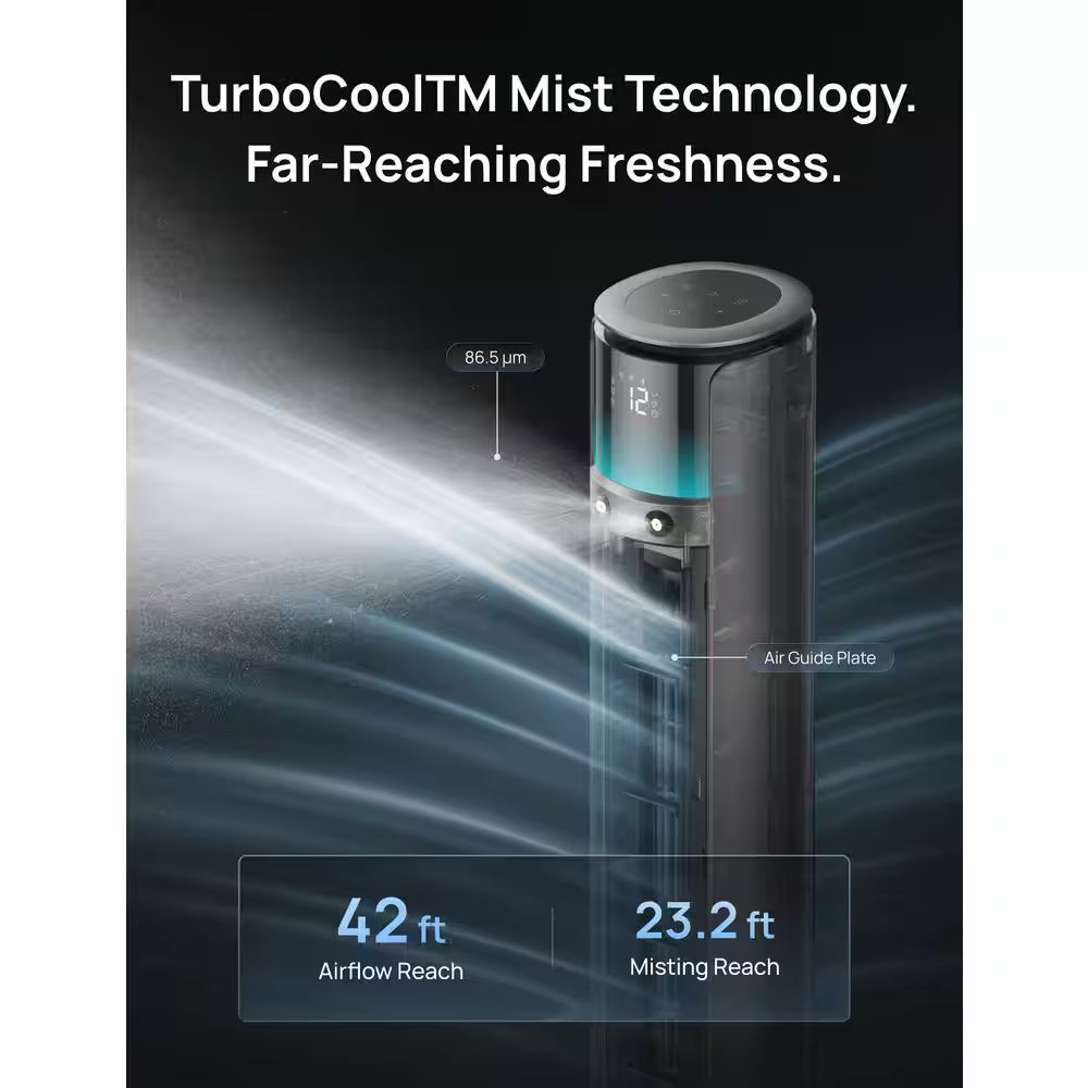 Outdoor Misting 42 In. 12-Fan Speeds Tower Fan in Black with Remote, 20 Ft. Mist, 150° Oscillation and UV Resistance