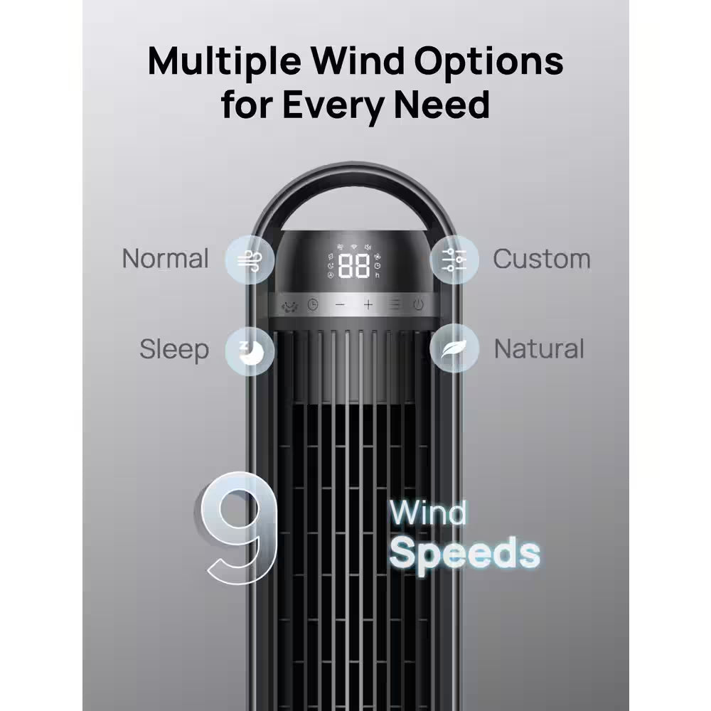Smart Cruiser 42 In. 9 Fan Speeds Tower Fan in Black with Quiet DC Motor, Wi-Fi, Voice Control and Remote